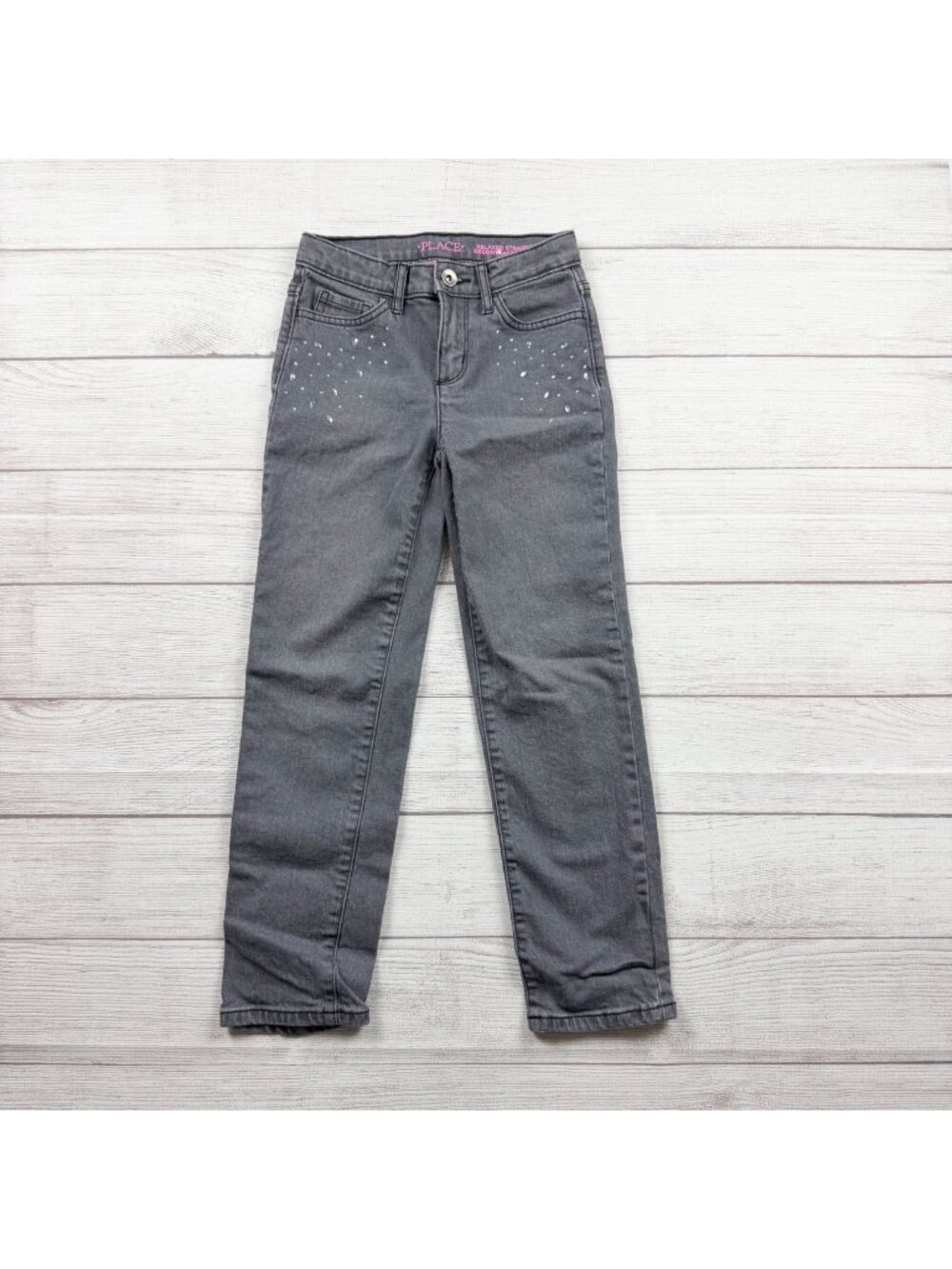 Children’s Place Girls Gray Relaxed Straight Jeans With Studded Accents 8